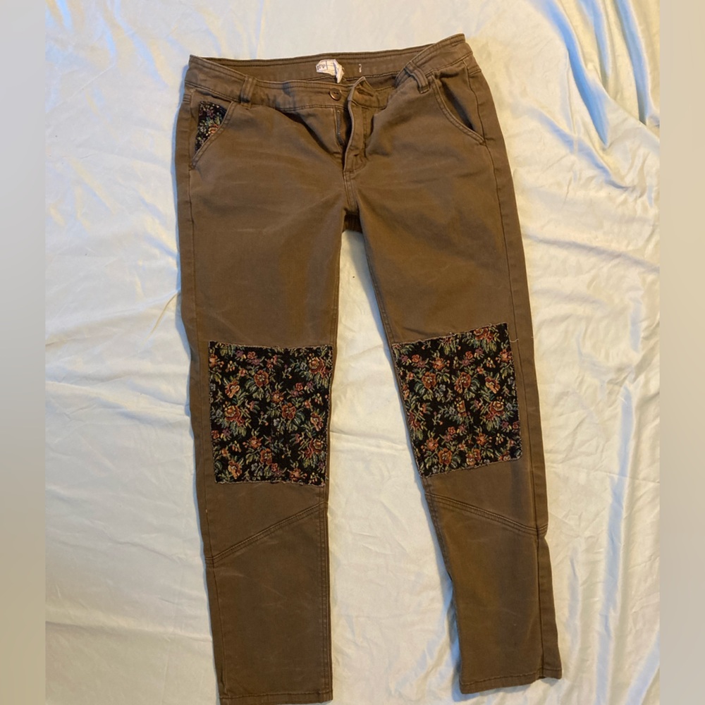 Free People Womens Skinny Jeans Army Green Floral Knee Patches Stretch
